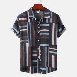 Men's Casual Shirts Men Clothing 2022 Summer Striped Print Shortsleeved Shirt Men's Casual Large Size Loose Beach Hawaiian Men's Shirt Z0224