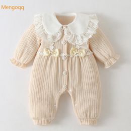 Jumpsuits Mengoqq Infant Baby Girl Autumn Winter Round Neck Full Sleeve Cute Bow Single-breasted Corduroy Warm Jumpsuit Romper 1-24M 230228