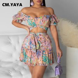 Two Piece Dress CMYAYA Foral Beach Bohemian Womens Tracksuit Mini Pleated Skirts Set with Crop Tops Matching Two 2 Piece Set Active Sweatsuit 230228