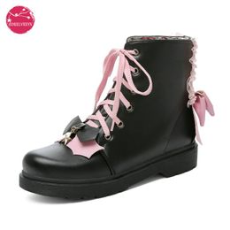 Сапоги женская обувь ботинки лодыжка лук повседневные черные квартиры платформы kawaii lolita pink fashion harajuku в стиле 2023 весенняя осень зима