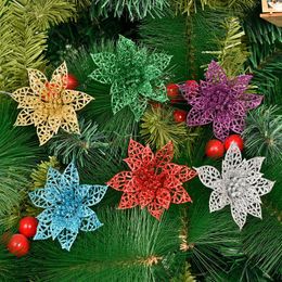 Christmas Decorations 7cm Artificial Flowers Glitter Poinsettia For Tree Ornaments Flower Decoration 6Pcs