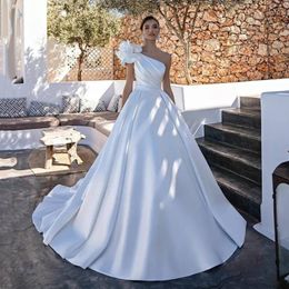 2023 A Line Wedding Dresses One Shoulder Hand Made Flower Satin Dubai Arabic Bridal Gowns 328 328