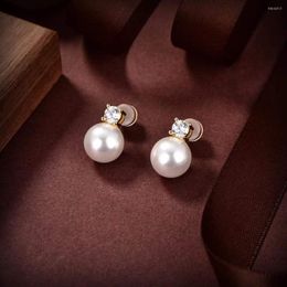 Stud Earrings Fashion Women Crystal Round Diamond Elegant White Zircon Big Pearl Earring Smooth Design Birthday Party Jewelry