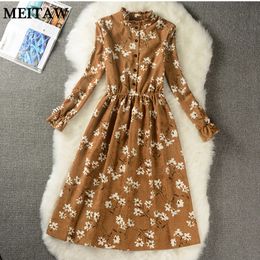 Casual Dresses Winter Women Floral Print Women Party Dress Casual Stand Elastic Waist Midi Dresses Vintage Female Corduroy Dress Vestidos 230227