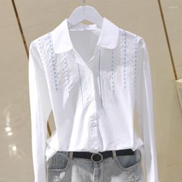 Women's Blouses Cotton White Women Shirts Summer Vintage 2023 Turn-Down Collar Long-Sleeved Embroidery Casual Female Outwear Coats Tops