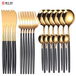 Dinnerware Sets 24pcs Upscale Gold Stainless Steel Tableware Knife Fork Coffee Spoon Flatware Dishwasher Safe Cutlery 230228