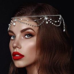 Festive Rhinestone Pearls Forehead Headwear Long Hair Chain Design Full Diamond Hairband Accessories Party Chain Fairy Girl