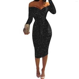 Casual Dresses Women Sexy Off Shoulder Dress Solid Color Sequined Long Sleeve Bodycon Party Summer Evening Gowns