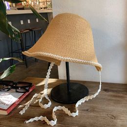 Wide Brim Hats Korea Womens Sun Straw Hat Foldable Fashion Panama 2022 Summer Women Bucket Hats Lace Outdoor Travel Beach Sun Protection Cap G230227