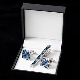 Cuff Links Men's French Shirt links and Tie Clip Set with Box Blue Clover Pattern Enamel Link Pins Wedding Christmas Gifts 230228