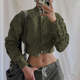 Women's Jackets American Military Green Jacket Women's 2023 Autumn Style Solid Color Open Navel Slim Cardigan Zipper Blouse