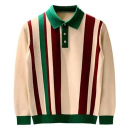 Men's Polos Spring Autumn Knitting Polo Shirt Men Casual Turn-down Collar Button Fashion Colour Stripe Slim Tops Ice Silk Knitting T-shirts 230228