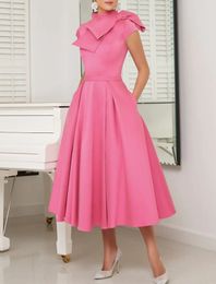 Hot Pink A-line Mother of the Bride Dress 2023 Wedding Guest Party Gowns Elegant High Neck Tea Length Satin Short Sleeve Robe De Soiree