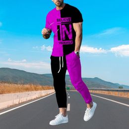 Mens Tracksuits Summer Clothes Fashion Man 3D Printing Solid Color Long Pants Street Men Clothing Set Sleeve TShirt Trousers Suit 230228