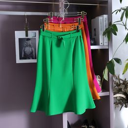 2023 Spring Summer Elegant Skirt Green / Pink Pure Colour Belted Panelled Mid-Calf Mermaid Casual Skirts N3F282702