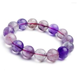 Strand Natural Purple Rutilated Quartz Bracelets Woman Lady Stretch 15mm Crystal Round Bead Super Seven Bracelet Melody Stone
