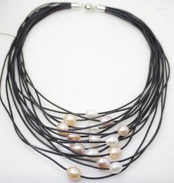 Chains 17'' 43cm Women Jewelry 9mm Pearl White Pink Purple Pendant Multi-layer Black Leather Rope Necklace Natural Freshwater