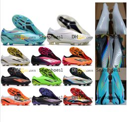 Gift Bag Soccer Football Boots Laceless Shoes Messis Soccer Cleats Leather Electroplate Spikes Training Pink Orange Black Green Blue X Speedportal FG Size US6.5-11