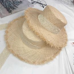 Wide Brim Hats High Quality Raffia Straw Sun Hat Wide Brim Summer Beach Hats Women Kentucky Derby Hat White Black Ribbon Tie Sun Hat Beach Cap G230227