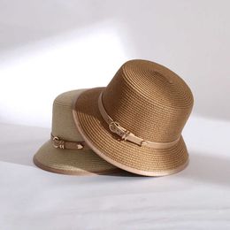 Wide Brim Hats Fashion Women 2022 Summer New Bucket Hat Belt Decoration Sun Protection Cap Female Flat Top Panama Beach Hat Sun Hats Straw Hat G230227