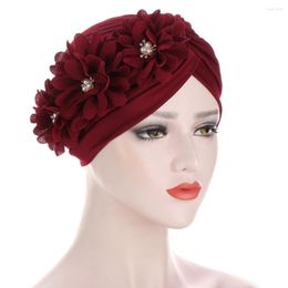 Ethnic Clothing Women Flowers Ruffle Turban Caps Muslim Fashion Pearls Headscarf Bonnet Ladies Hair Accessories Cap Turbante Mujer