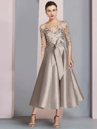 Khaki A-line Mother of the Bride Dress 2024 Wedding Guest Party Gowns Elegant Scoop Neck Tea Length Satin Lace Half Sleeve with Bow Robe De Soiree