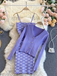 Work Dresses Foamlina Women Knitted Two Piece Sets Sexy Spaghetti Strap Sleeveless Print Bodycon Dress And Long Sleeve Sweater Cardigan