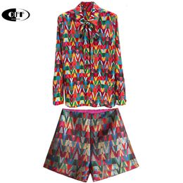 Womens Two Piece Pants OFF Runway Vintage Letter Print Streetwear Gothic Y2K Shirt Women Tops Retro Shorts Bow Collar Blouses Two Piece Sets Outfit ZA 230228