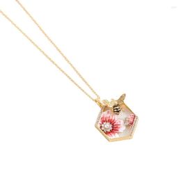 Pendant Necklaces European And American Jewellery Fashion Personality Trend Temperament Hand-painted Glaze Bee Hive Flower Hollow Hexagon