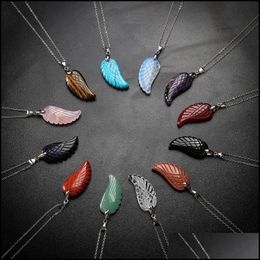 Pendant Necklaces Aura Healing Crystal Quartz Gemstone Jewellery Angel Wings Carved Stone Necklace Uni Drop Delivery Pendants Dhyug