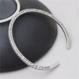 Bangle JINSE 925 Sterling Silver Retro Ladies Thai Handmade Bracelet Opening Flower Carved 2.90mm 13.10G WTB053