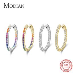 Stud Modian Rainbow Colour Sparkling Earrings Real 925 Sterling Silver Circle Zirconia Hoop Earrings For Women Luxury Wedding Jewellery 230228