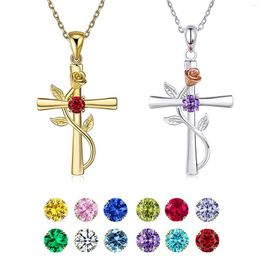 Choker Cross Necklace Rose Flower On The Alloy Hanging Pendant Neck Jewelry Chain Memorial Colorful Rhinestone Decor H9