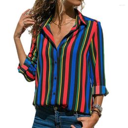 Women's T Shirts Womens Autumn Roll Up Long Sleeve Button Down Blouse Single-Breasted Lapel V-Neck Striped Casual Loose Tunic Top MXMA