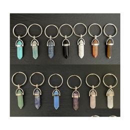 car dvr Keychains Lanyards Natural Stone Hexagonal Prism Key Rings Healing Pink Crystal Car Decor Chain Keyholder For Women Men Jewellery Dr Dhat9