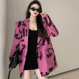 Women's Suits Blazers Rose Red Printing Blazer Women Spring Autumn 2023 Notched Loose Double Breasted Split Long Sleeve Suit Jacket 230228