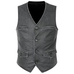 Men's Vests Genuine First Layer Cowhide Vintage Distressed Leather Vest Fashion Slim-fit Motorcycle Suit L XL