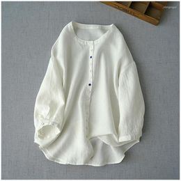 Women's Blouses Japan Style Spring Women Blouse Basic Tops O-Neck Single Breasted Loose Cotton Linen Shirt All Match Clothes 2023 I926