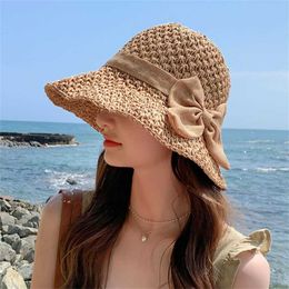 Wide Brim Hats Summer Bow Straw Hat Women Girls Solid Hats Sun Protection Cap Seaside Beach Hat G230227