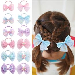 Elastic Hairbands Ribbon Hair Ties Girl Children Summer Solid Candy Color Mesh Bows Colorful Hair Scrunchies Hair Rope Accessories 1774