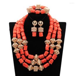 Necklace Earrings Set & Nigerian Wedding Jewellery Luxury 3 Layers Real African Coral Beads For Brides Women Party ABG068Earrings Earl22