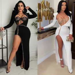 Two Piece Dress Sexy Women Skirt Two Piece Set Lace Bodysuit Long Dress Split Out Party Night Suit Tracksuit Clothes For Women Outfit 230228