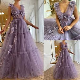 Elegant Prom Dresses A-line V-neck Soft Tulle with 3D Flower Applicants Custom Made Zipper Floor Length Evening Dress Plus Size Vestido De Noite