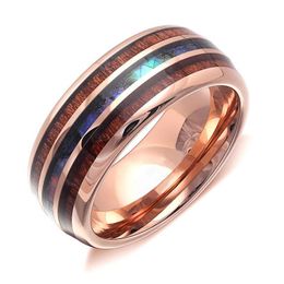 Wedding Rings Fashion 8mm Rose Gold Stainless Steel Ring For Men Inlaid Hawaiian Koa Wood And Abalone Shell Opal Band JewelryWedding