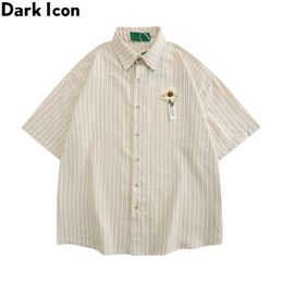 Men's Casual Shirts Dark Floral Pin Striped Shirts Men Summer Button Up Loose Shirts Man Cotton Shirts Z0224