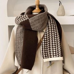 Scarves 2023 Thickened Knitted Wool Neck Scarf Female Autumn Winter Women Man Windproof Warm Houndstooth Print Outdoor Travel Gift