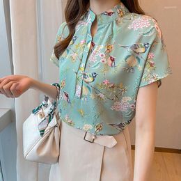 Women's Blouses 2023 Fashion Korean Summer Chiffon Print Blouse Women Elegant Short Sleeve Lady Shirt Tops Casual Female Blusas Clothes