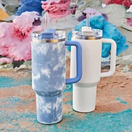 Water Bottles Stainless steel tie dye thermos coffee straw cup 40 ounce drum with handle beverage station Waggon 230531