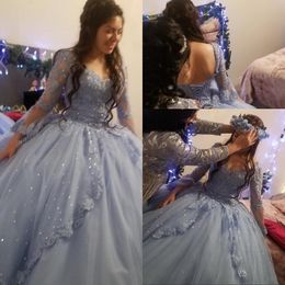 2023 Light Blue Quinceanera Dresses Long Sleeves Lace Appliques Bling Crystal Beads Sweetheart Corset Back Plus Size Formal Party Prom Evening Gowns