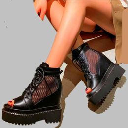 Sandals Women's Genuine Leather Platform Wedge Open Toe Summer Ankle Boots Lace Up High Heels Oxfords Creepers 34 35 36 37 38 39